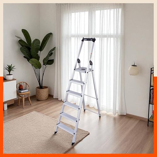 Image of Bathla Elevate 6-Step Foldable Aluminium Ladder for Home with Tool Tray | Anti-Skid | Durable, Heavy Duty, Safe & Stylish | 5-Year Warranty | Black