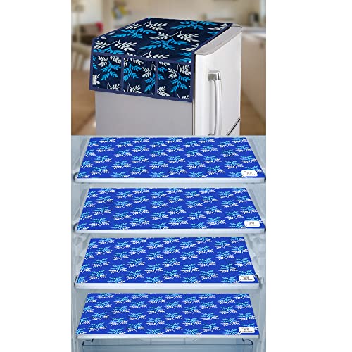 Image of Polyester 3-Layered Fridge Top Cover /Refrigerator Cover with Utility Pockets and Set of 4 Pc Fridge Mats (Color- Leaf Blue, Size-39x21 Inch)