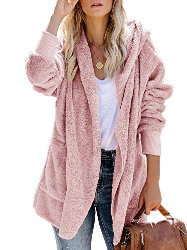 Saodimallsu Womens Sherpa Coat Faux Fur Open Front Fuzzy Warm Winter Cardigan Hoodie Jackets with Pockets (Large, Pink)