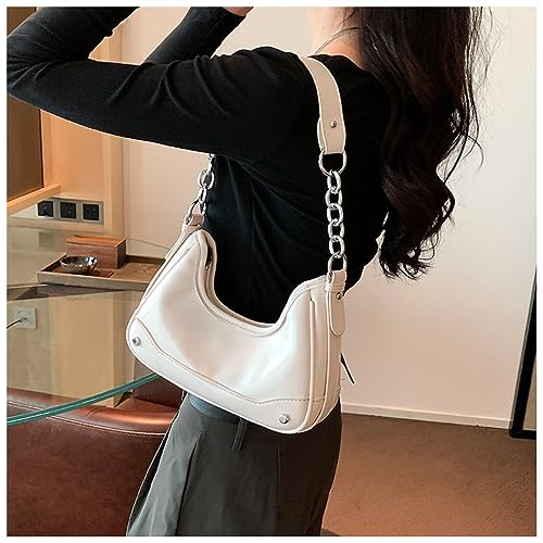 BSLONG Luxury Silver Shoulder Bag with Dumpling Shaped Bright PU Under Arm Purse, Women Small Chain Crossbody Clutch Bag (White)4