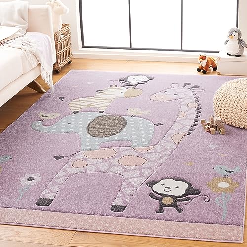 Image of SAFAVIEH Carousel Kids Collection Area Rug - 4' x 6', Purple, Animal Design, Ideal for High Traffic Area for Boys & Girls in Playroom, Nursery, Bedroom (CRK120V-4)