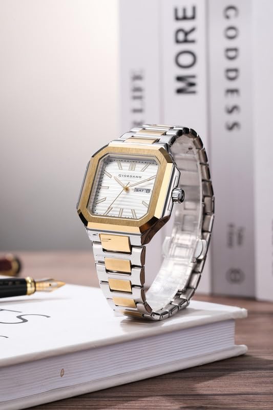 Image of Giordano Square Formal Watch for Men - Textured Dial,Day & Date Display and Stylish Stainless Steel Strap