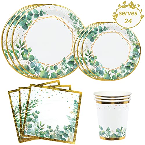 Grün Partygeschirr Set,96Pcs Green Gold Baby Shower Pappteller,Olive Grün Einwegteller Set mit Pappteller Becher Servietten für Geburtstagsparty Dekoration,Babyparty,Jungle Safari Party,Boho Hochzeit