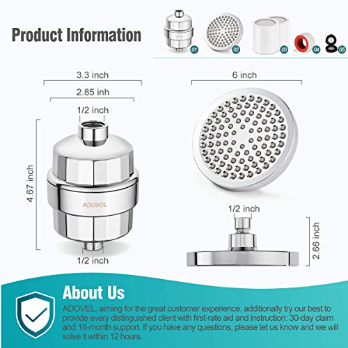Image of ADOVEL High Output Shower Head and Hard Water Filter, 15 Stage Shower Filter Removes Chlorine & Harmful Substances, Water Softener Showerhead for Bathroom, Rain Shower, 1 Replaceable Filter Cartridge