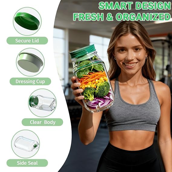 Image of Salad Pod Mason Jar with Side Opening Lid | Leakproof Vertical Layering Lunch Container with Built-in Dressing Compartment | Reusable Portable Salad Box for Office, Travel & Meal Prep (Pack of 1)