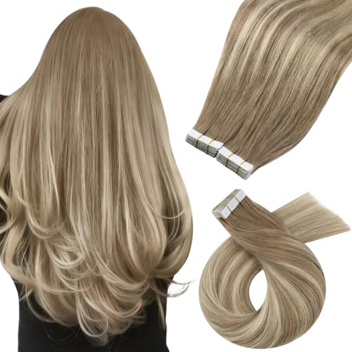 Image of Moresoo Tape Ins Human Hair Extensions Ash Brown Blonde 16in 40Pcs 100g | Blonde tape in extensions, added density, fine blonde ribbons, straight strands for brushed-out waves and event styling