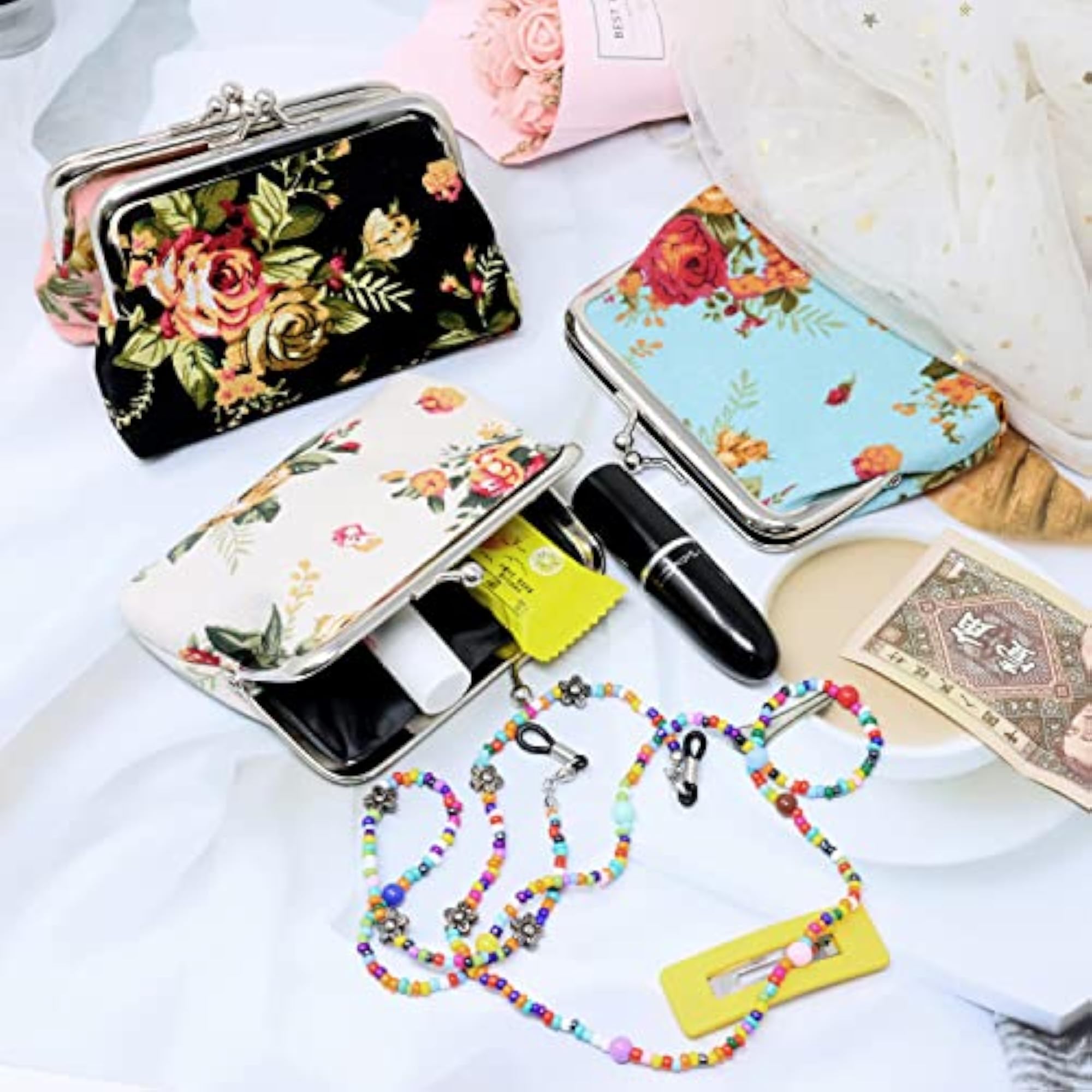 4PCS Canvas Floral Rose Coin Purse Kiss Lock Change Purse