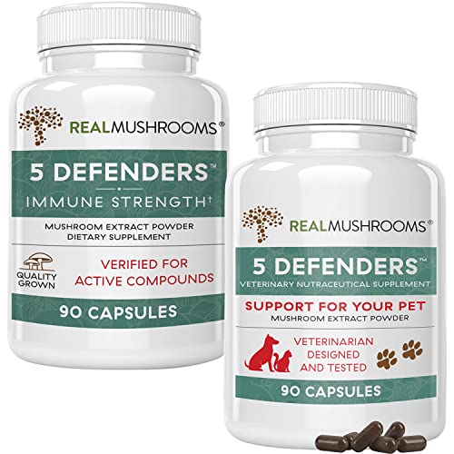 Real Mushrooms 5 Defenders For Humans (90Ct) & Pets (90Ct) - Capsules Bundle - Chaga, Shiitake, Maitake, Turkey Tail & Reishi Mushroom - For Immune Strength & Overall Wellbeing - Vegan, Non-Gmo #TOP11