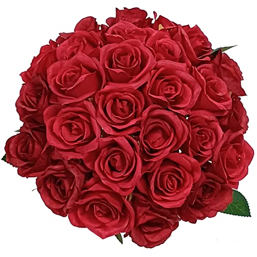 18 Heads Artificial Roses Flowers Bouquets, Fake Roses Flowers, Silk Roses Flowers Arrangements, Faux Floral with Stems for Wedding Home Party Office Decoration by LA.PONEE(Red-18 Head)