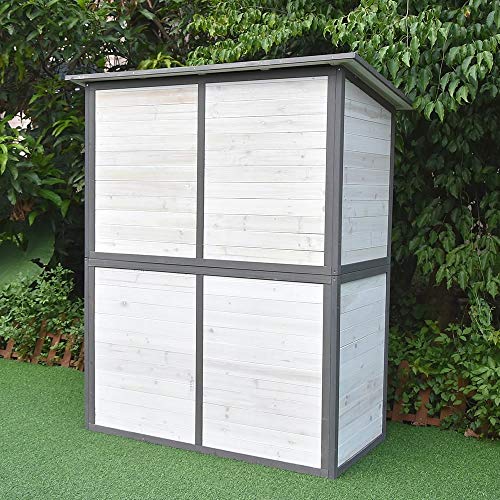 Melko Gartenschrank mit Pultdach und Doppelflügeltür Weiß / Grau Holz Gerätehaus 162 x 140 x 75 cm, inkl. Regal – Bild 8