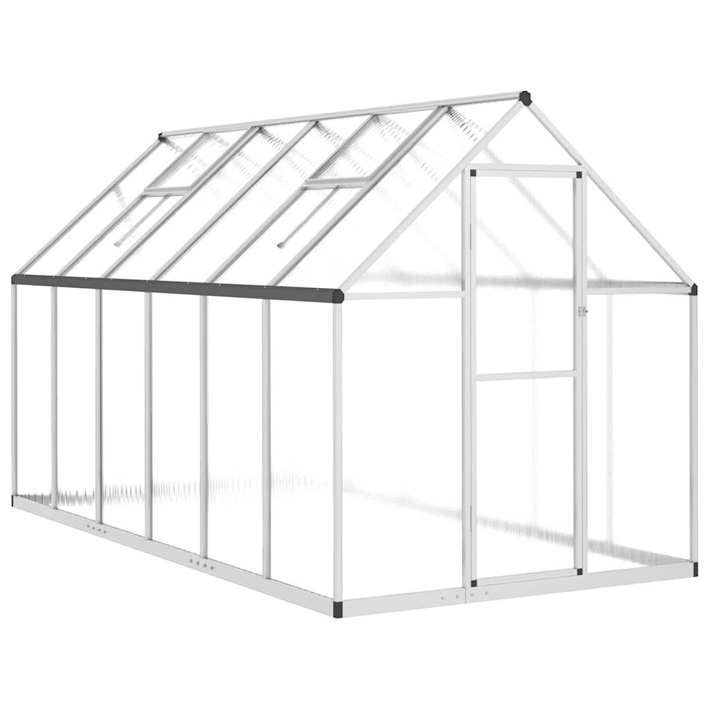 Aluminiowa szklarnia 334x169x195 cm srebrna | Odporna na warunki atmosferyczne rama, płyta poliwęglanowa, 5-kątne okno wentylacyjne, drzwi skrzydłowe