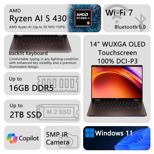 Image of Delca Customized Laptop Made with HP OmniBook X Flip 2-in-1 AI Laptop | 14 inch WUXGA OLED Touch | AMD 4-core Ryzen AI 5 430 (Up to 50 NPU Tops) | 16GB DDR5 512GB /1TB /2TB SSD | Backlit WiFi 7 USB4 Win11