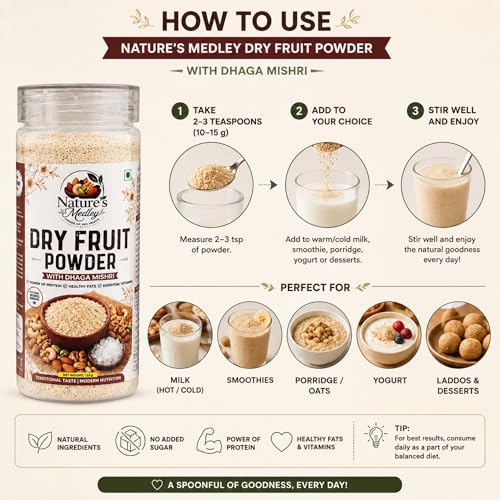 Image of Nature's Medley Premium Nuts and Seeds Dry Fruit Powder With Dhaga Mishri | Mixed DryFruit Powder | No Added Sugar | No Preservatives | Dryfruits Powder 125g