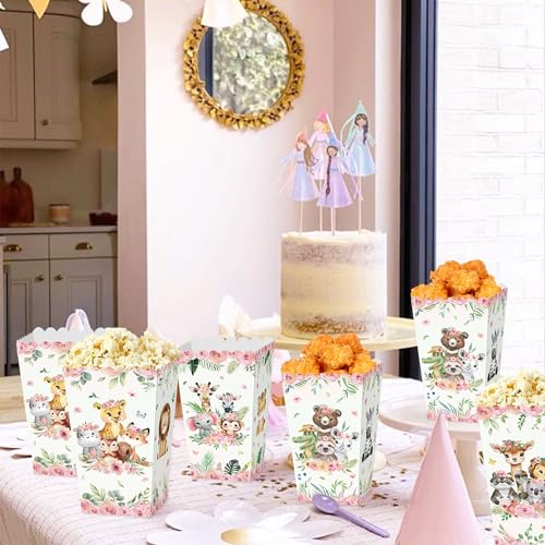 Image of JeVenis 12 PCS Pink Jungle Animal Popcorn Boxes Treat Bags Safari Animal Candy Goodie Bags for Wild One Safari Baby Shower Birthday Party Favors