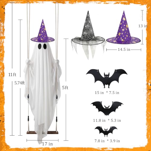5' Sehloran Hanging Swinging Halloween Ghost w/ Bats & Witch Hat - image 6