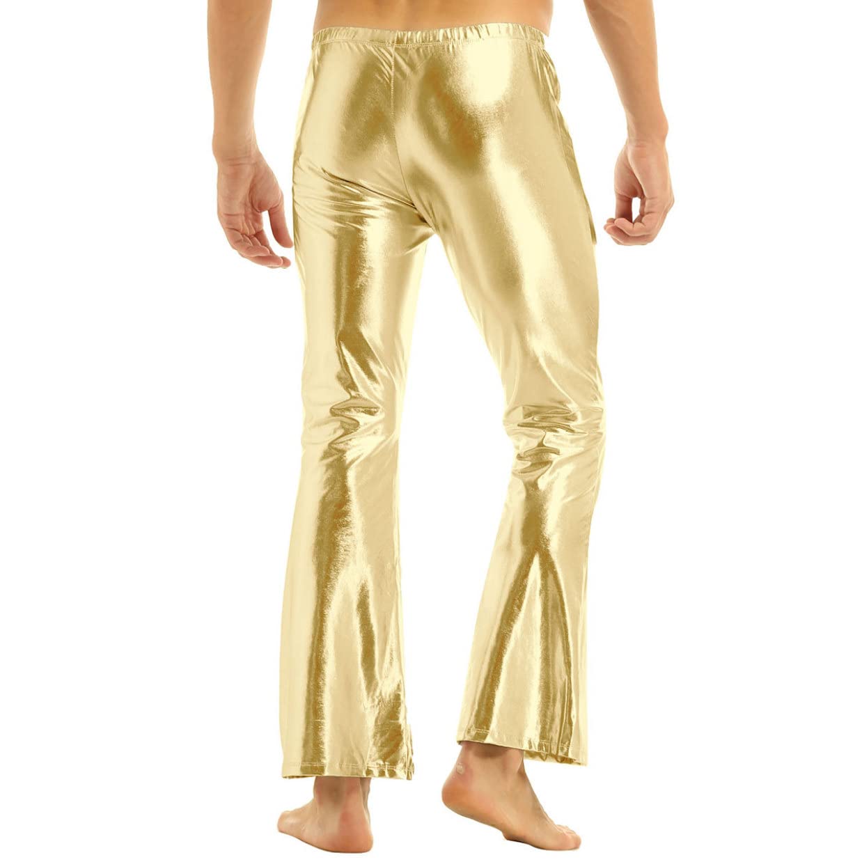 Herren Metallic Hose High Waist Glänzende Leggings Holographic Schlaghose Tanzhose Weites Bein Jazzpants 70er 80er Jahre Nachtcub Party Outfit Gold M