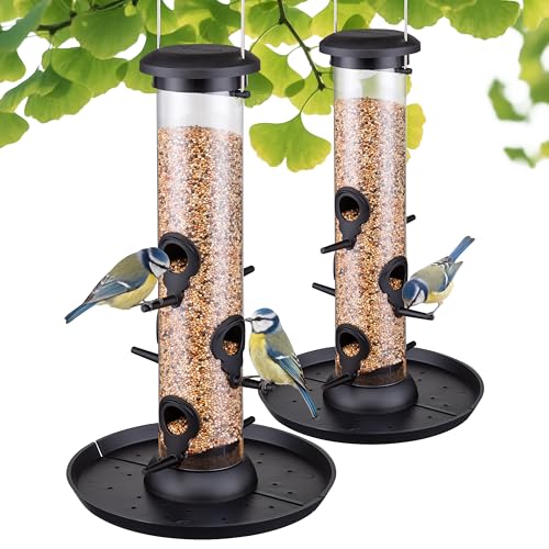Trampgik Bird Feeders for Outdoors Seed Catcher 6 Port Wild Bird Feeders with Tray Bird Feeders for Outside Hanging for Cardinal 13 Inch Black Pack of 2