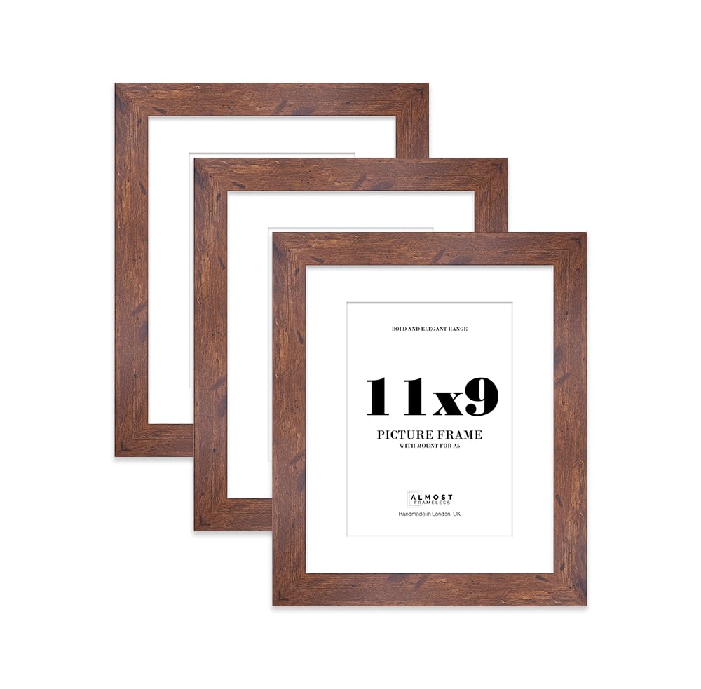 11x9 Rustic Wood Frame With Mount for A5 Pictures 28mm Edge Portrait and Landscape Display with Wall Hooks and Kickstand, 3 Pack