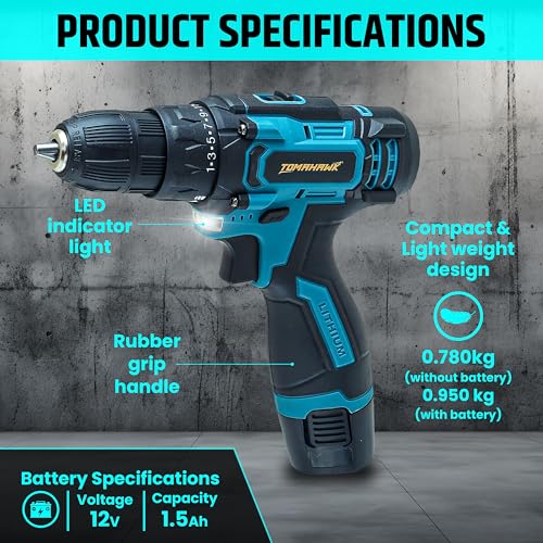 Image of Tomahawk 12V Cordless Drill Machine for Home Use with 2 Speed settings & LED Light | 2 Batteries, Compact & Lightweight, 25+1 Torque Settings, 10mm Chuck, for Drilling & Screwdriving