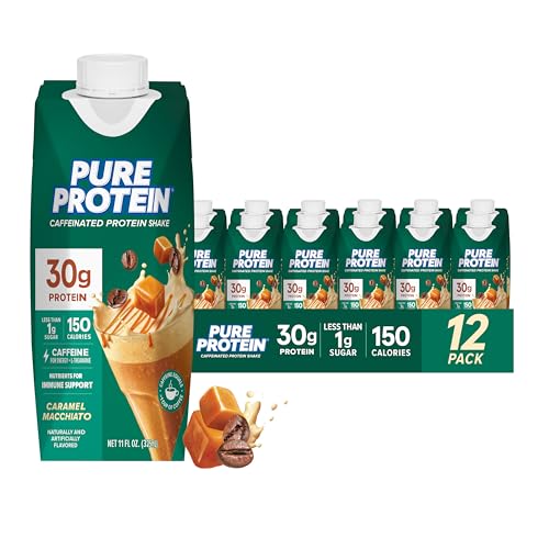 Image of Pure Protein Ready to Drink Protein Shake, Caramel Macchiato, 30g Protein, Caffeine for energy + L-Theanine, 150 Calories, Less than 1g Sugar, 4g Fiber, Non-GMO, 11oz Bottles, 12 Pack