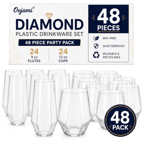 Image of Oojami 48 Pack Diamond Plastic Champagne Flutes Stemless 9oz & 12oz Cups