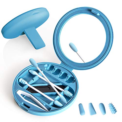 Inmorven Reusable Cotton Swabs with Mirror, Washable Silicone Swabs for Ear Cleaning, Beauty, Makeup with Dust-proof Case(Blue)