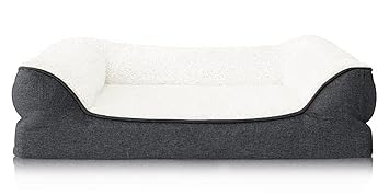 Mellifluous Dog Bed for All Dogs and Cats- Foam Sofa with Removable Washable Cover and Jute Soft Fur Fabric, Nonskid Bottom Couch, Pet Bed (S, Dark Grey-White)