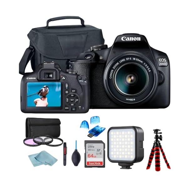 Canon EOS 2000D (Rebel T7) DSLR Camera w/Canon EF-S 18-55mm F/3.5-5.6 Zoom Lens + Case + Sandisk 64GB Memory Card + 3pc Filter Kit + Card Reader + Cleaning Kit (International Model), Black (Renewed)