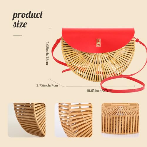 Image of Handwoven Bamboo Bag Summer Straw Purse Crossbody Bags for Women Natural Handmade Beach Bamboo Purse with Leather Strap