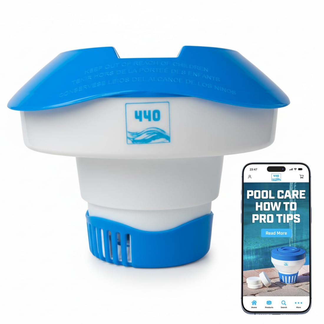 440 440 Pool Chlorine Floater Dispenser, Fits Up to 3 Pieces of 3-Inch Chlorine Tabs, Adjustable Flow, Control, Heavy-Duty Plastic - Suitable for Small & Medium Pools (See Images - 2K Gal to 15K Gal)