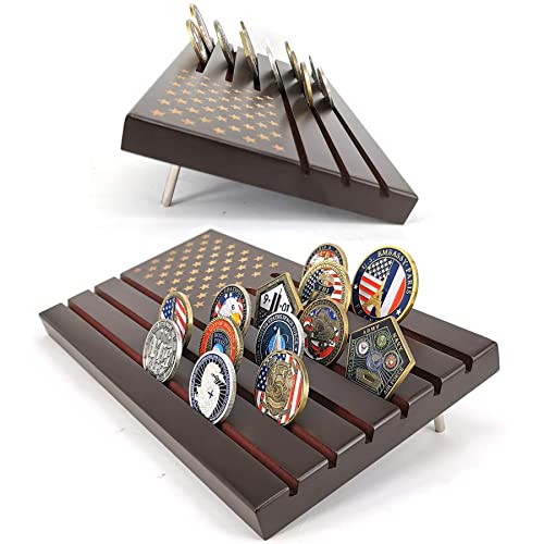 LZWIN 6 Rows American Flag Challenge Coin Display Holder U.S. Military Coins Wood Stand Holds 30-36 Coins