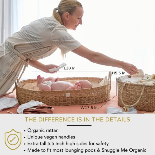 Bebe Bask Premium Baby Changing Basket - Handmade Natural Rattan Moses Basket - Luxury Leaf Liner - Thick & Waterproof Bamboo Pad - Vegan Leather Baby Changing Mat - Baby Changing Pad #TOP2