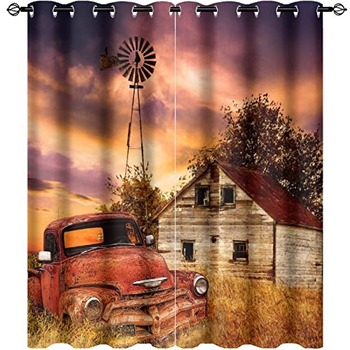 Kazynee Rustic Farm Old Truck Ultra Soft Premier Blackout Curtains,Western Country Farmhouse Sunset Nature SceneryThermal Insulated Bedroom Noise Reducing Patio Door Grommet Top,2 Panels 63L x 27.5W