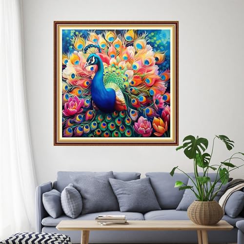 Image of Funchey Stamped Cross Stitch Kits, DIY Cross Stitch Pattern for Adults Beginners Needlepoint Kits Embroidery Kit Arts and Crafts 11CT-Colorful Peacock Flower 18x18 inchs