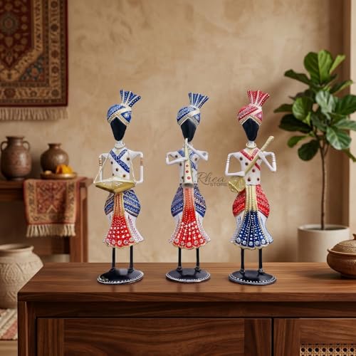 Image of Big Sardar Set of 3 White Handcrafted Rajasthani Musician Figurines, Traditional Metal Table Decor Showpiece for Office Desk, Corporate Bulk Gifting (2x3x13 Inch)
