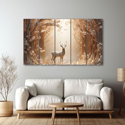 Image of The Castle Decor White & Golden Deer Digital Painting - Wooden Framed Wall Art for Living Room, Bedroom & Hotels (Multi Color - Design 4, 36x60 Inch)