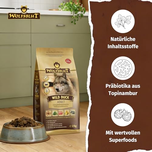 WOLFSBLUT – Wild Duck Adult | Trockenfutter mit natürlichen Zutaten und Superfoods für ausgewachsene Hunde. Getreidefreies Alleinfutter ohne Zusatzstoffe im Beutel | 2kg Ente