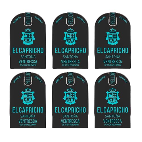 EL CAPRICHO, Santoña, Ventresca de Atún de Santoña Yellowfin, Aceite de Oliva Vigen Extra Arbequina Peso: 110 g Neto, 80 g Escurrido (Pack de 6)