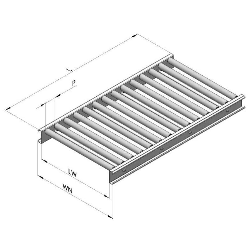 Rulliera lineare folle zincata a gravità L.1540xP.400mm passo 70 rulli Ø50 movimenta colli industria logistica RLF5/40/154P70/ZF