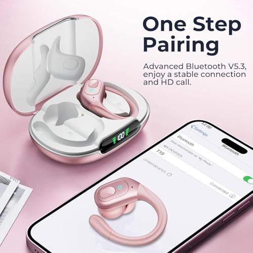 Image of occiam Active Noise Cancelling Earbuds Wireless Bluetooth Headphones Ear Buds 90Hrs Playback Stereo Bass Earphones with Mic Over-Ear Hooks IPX7 Waterproof Headset for Work Sports (Rose Gold)