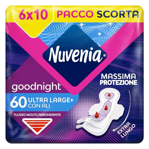 NUVENIA Ultra Notte Ali 60 Assorbenti, 6 Confezioni da 10 Assorbenti, Maxi Scorta per Comfort e Protezione, Flussi molto Abbondanti