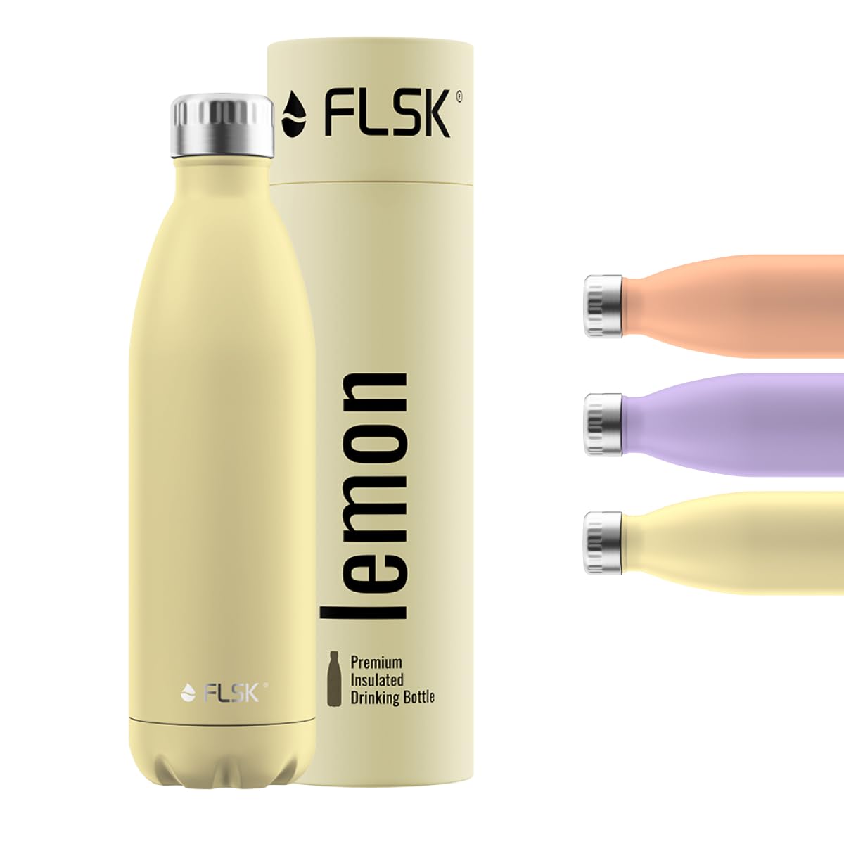 FLSK Trinkflasche – Premium Edelstahl Thermosflasche – 100 % auslaufsicher & kohlensäuregeeignet – hält 24 h kalt & 18 h heiß – BPA-frei (lemon, 750 ml)