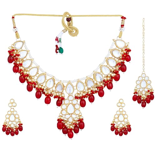 Gehena by Estele Gold Plated Dazzling Cluster Drop Kundan Choker Necklace set and Maang tikka with Ruby Beads for Girls and Women (B0CKB3FZD6) Amazon Price History, Amazon Price Tracker