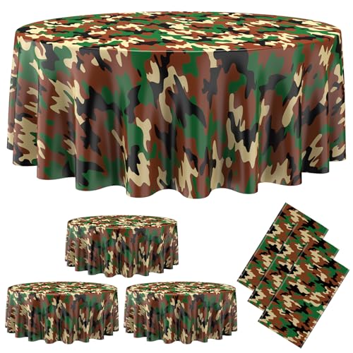 Oudain 3 Pcs Camo Tablecloth Camouflage Plastic Tablecover Round Plastic Table Cloth Disposable Camo...