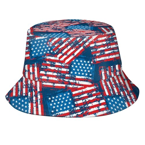 Image of Bucket Hat Painted American Flag Fisherman Hat for Women Men, Fashion USA Flag Patriotic Hat Summer Outdoor Beach Hat Packable Sun Cap