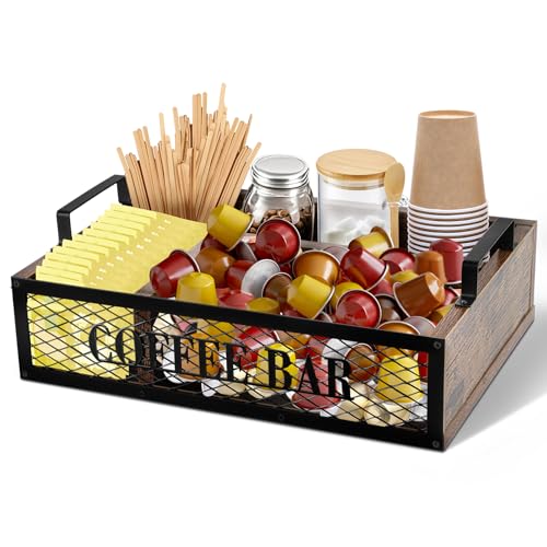 Yalikop Coffee Station Organizer for Countertop, All in One No Assembly Wood Coffee Creamer Bar Holder with Iron Mesh, Office Tea Bar Accessories Gift for New Home Birthday(Brown,Natural)