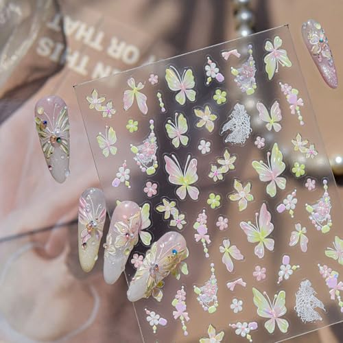 Image of Butterfly Nail Stickers Decals Flower Nail Stickers for Nails Art with Pink Green Ombre Design 5D Embossed Self Adhesive Spring Nails Decals for Women DIY Manicure Supply Decoration Accessories