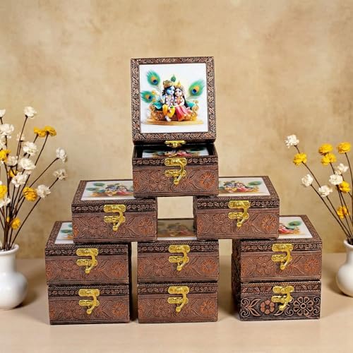 Image of Radha Krishna Wooden Jewellery Box | Handcrafted Decorative Storage Organizer | Traditional, Multipurpose Keepsake Box for Rings, Earrings & Small Accessories | White, Pack of 10