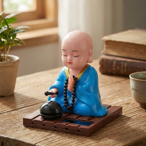 Image of eCraftIndia Little Cute Buddha Monk Feng Shui Showpiece for Home Decor Office Car Dashboard | Moving Head and Hand Monk Buddha Statue for Positive Energy Money Luck Prosperity Gift (Plastic, Blue)