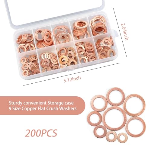 Image of 200 PCS Car Sealing Gasket Classification Combination Set, 9 Specs M5 M6 M8 M10 M12 M14 Copper Anti-Rust Washer, Waterproof Multi-Functional Oil Pan Plug Gasket, Universal for Cars (Gold)